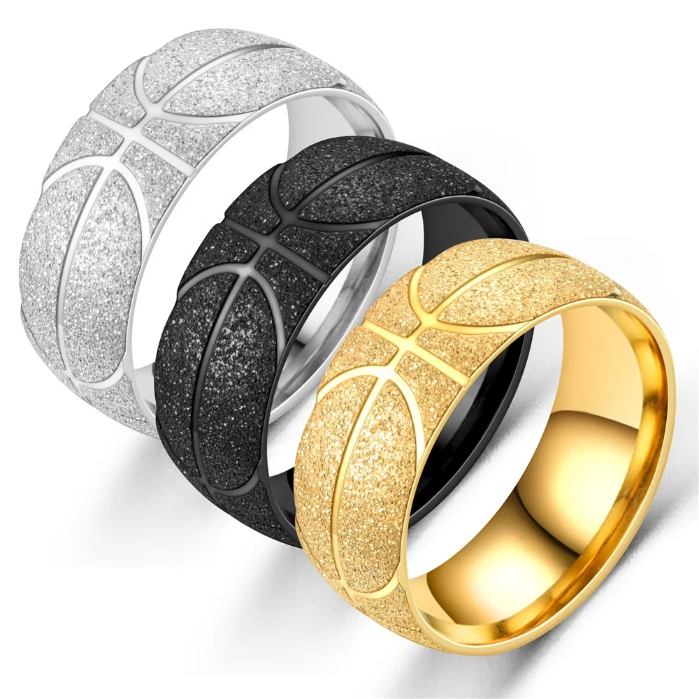 Unique 8mm Stainless Steel Basketball Ring Gents Gold Silver Black Comfort Fit Band Creative Sport Basketball Lover Rings