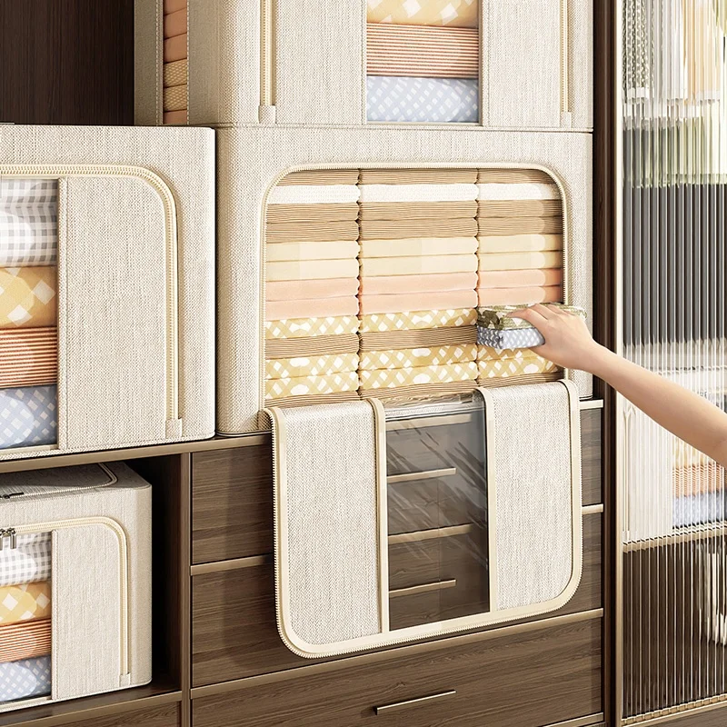 low price Clothes Storage Bins Foldable Metal Frame Storage Box with Clear Windows Stackable Linen Fabric Organizer With Handles