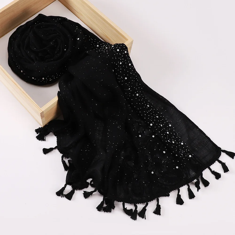 Sky Star White Bronzing Glitter Shinny Silver Sequins Cotton Linen Scarf Crinkled Plain Hijabs Muslim Tassel Shawls Head Wrap