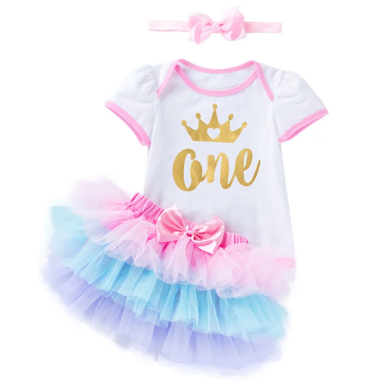 Cartoon short sleeve shirt colorful four layer skirt one year old wearing three piece baby birthday clothes suit