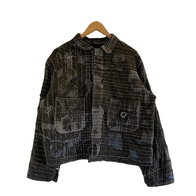 DIZNEW OEM custom plus size mens drop shoulder thick Jacket Street fashion embroidered jeans Jacket man