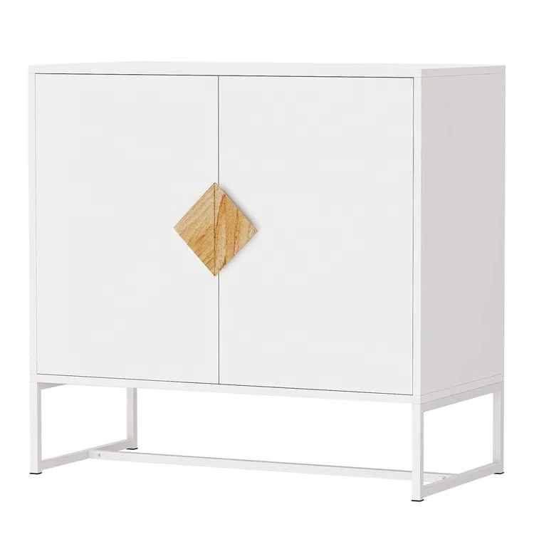 2 Doors White Modern Kitchen Buffet with Solid Wood Square Handles and Metal Legs