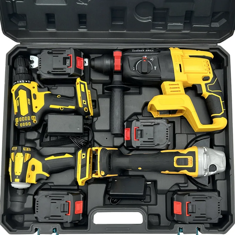 Blue and Yellow cordless power tools sets with 4 batteries 2 chargers 4 pcs machine