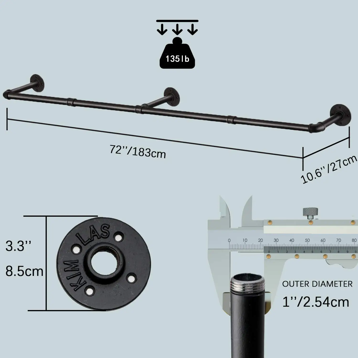 Industrial 3 Hooks 72 Inch Pipe Wall Mounted Garment Rack Heavy Duty Iron Garment Clothes Hanging Rod Rack Bar For Laundry Room