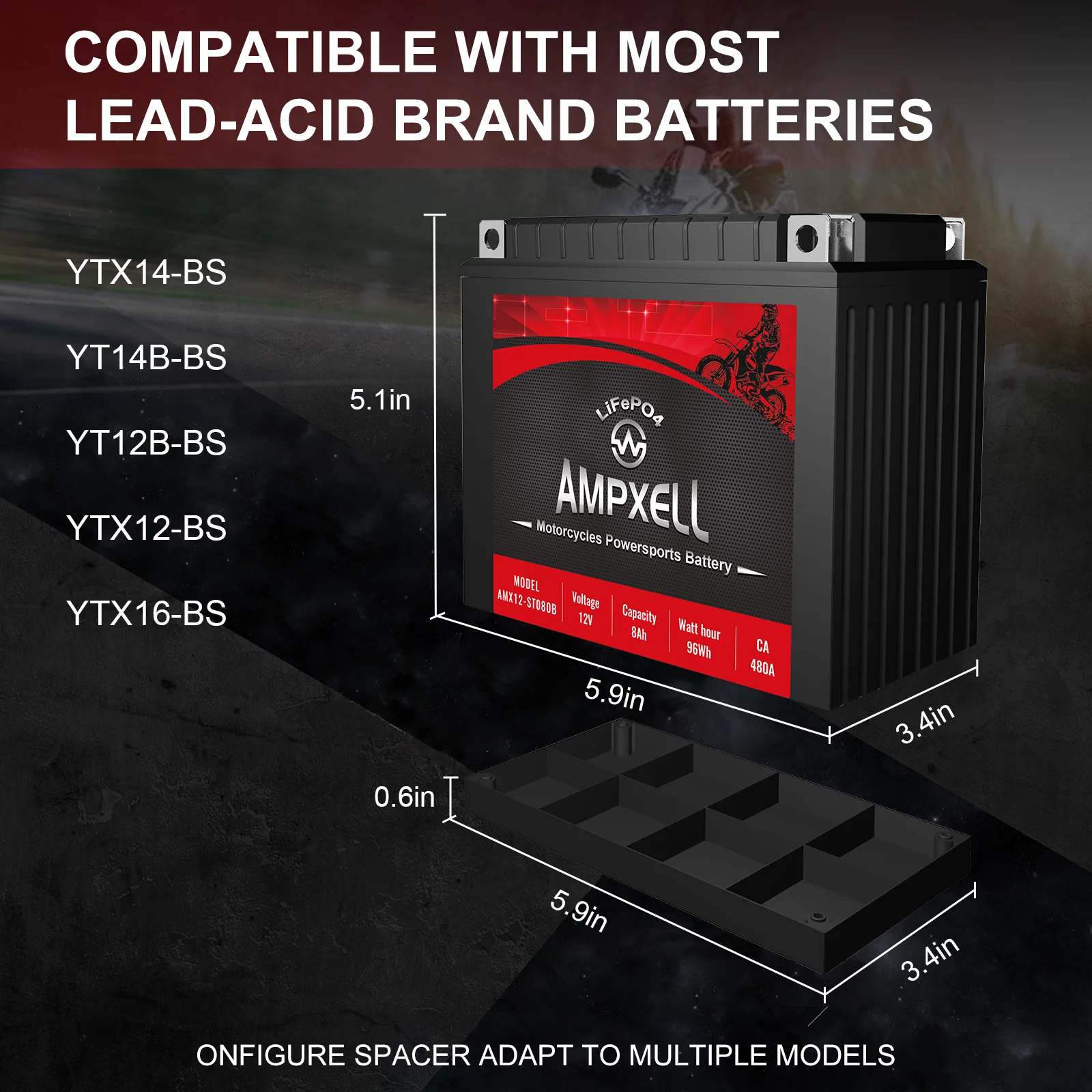 Производитель распродажа ampxell 12V 8Ah 102Wh Lifepo4 стартовый аккумулятор высокой скорости Автоспорт батарея для YT12B-BS/YTX12-BS/YTX16-BS