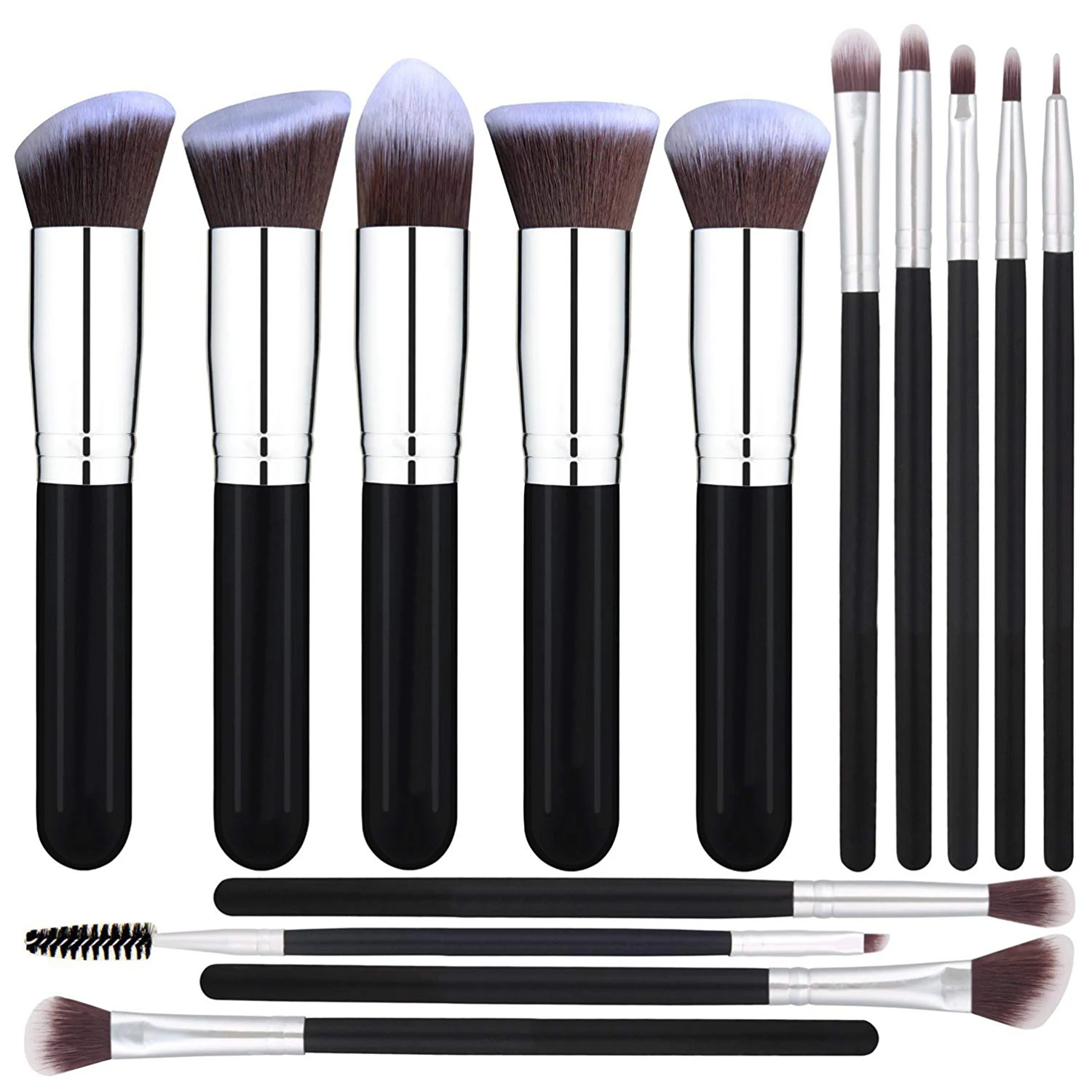 DailyQueen 14pcs Black Silver Professional Brush Set for Foundation Blush Eye Shadow Blending Concealer Short Cosmetic Brush Kits