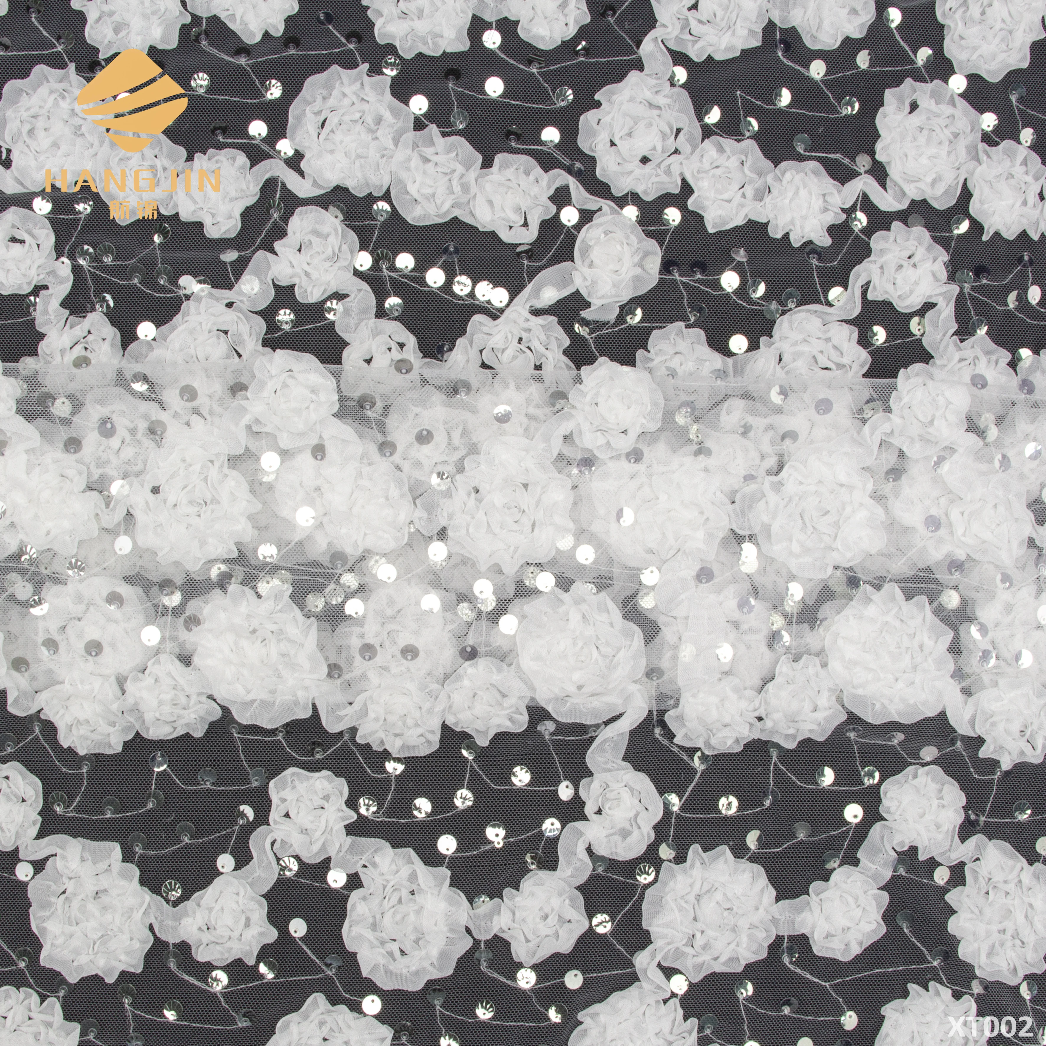 3D White Flower Rose Taping Coiling Cording Taping Embroidery Tulle Fabric with Sequins for Wedding Dress Gowns Dinner Dress