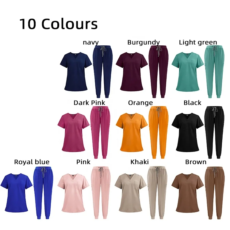 OEM Custom Logo Brand Design Spandex Hospital Beauty Spring Colors Green Pink Blue White Jogger Scrub Uniform Clothing Sets