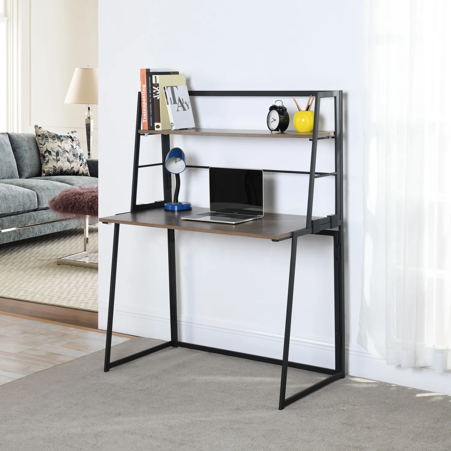 Full Assembled Portable PC Laptop Table Small Desk Space Saving Walnut Foldable Desk Folding Computer Desk with Hutch