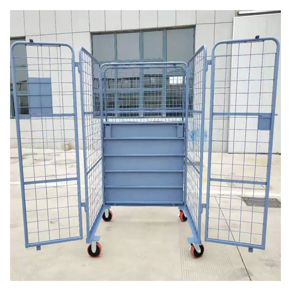 2023 New Product Metal Trolley Manufacturer Logistics 4 Tiers Metal Laundry Basket Rolling Cage Trolley