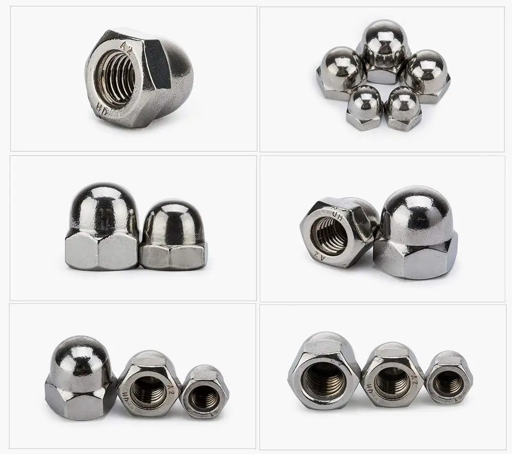 Acorn Nut Hex Cap Domed Nuts in Brass and Copper for M3 M4 M5 M6 M8 SS304 Zinc Plated and Galvanized Polished Surface