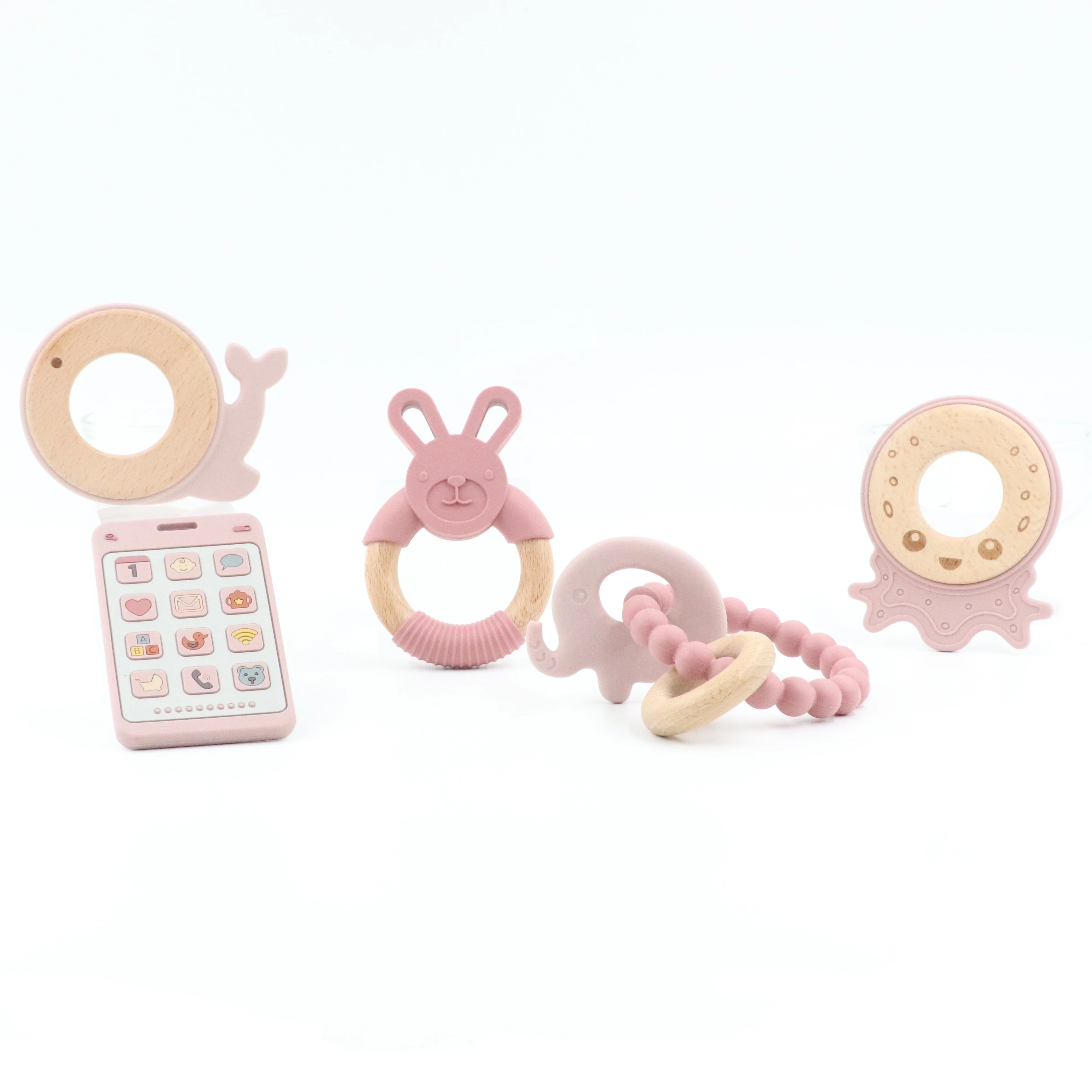 New Design Sensory Baby Teething Toys Crochet Rattle Soft Bpa Free Wood Baby Teether Ring Toy Gift Set