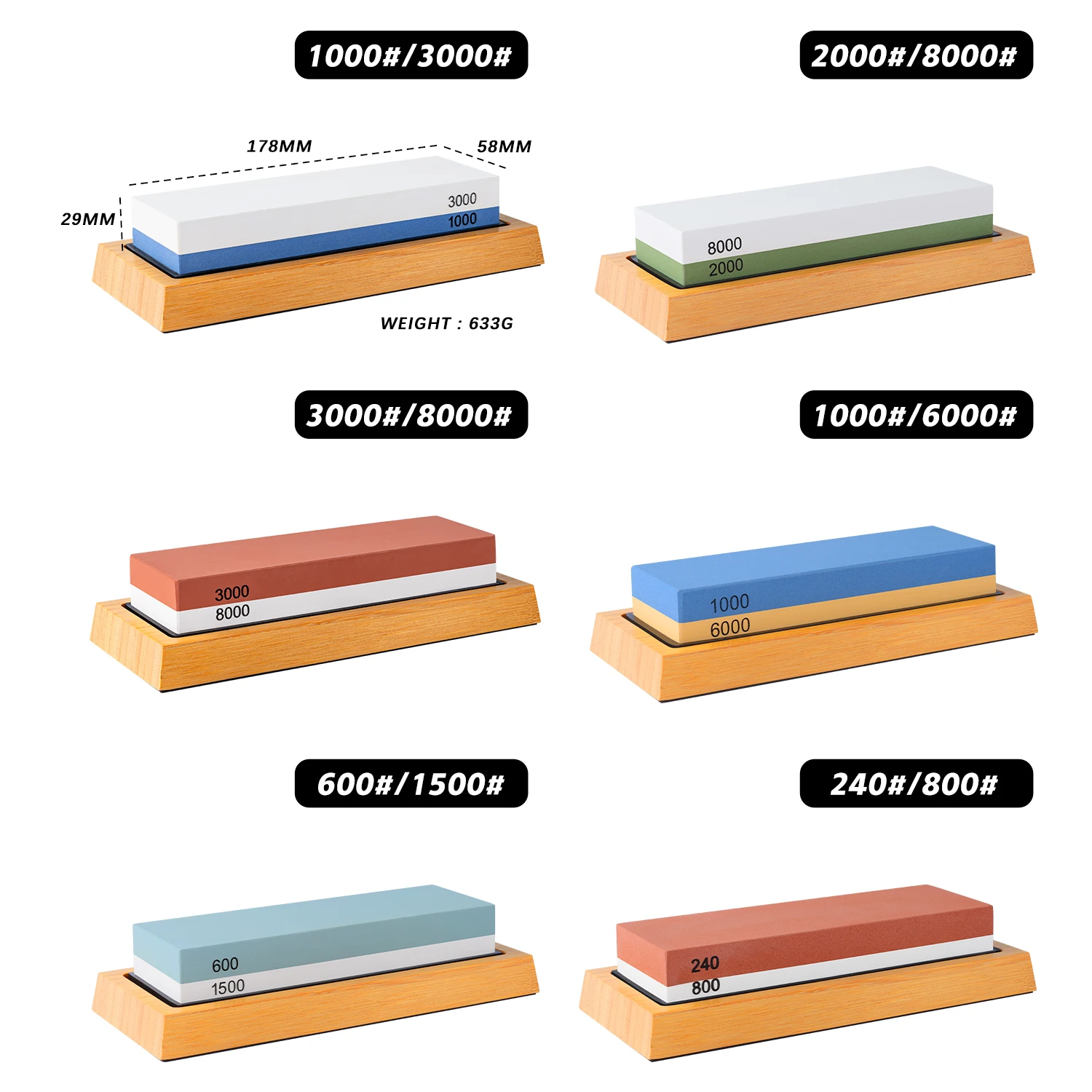 Professional Whetstone Durable 2 Side Grits 240/800 Corundum Sharpening Stone Sharpeners Non-slip Bamboo Holder and Angle Guide