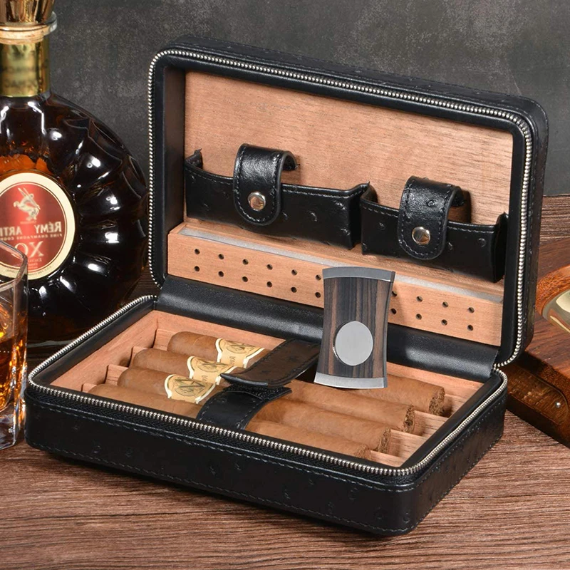 
Wholesale Small Portable Solid Cigar Box Bag Cedar Cigar Case Humidor Travel Leather 