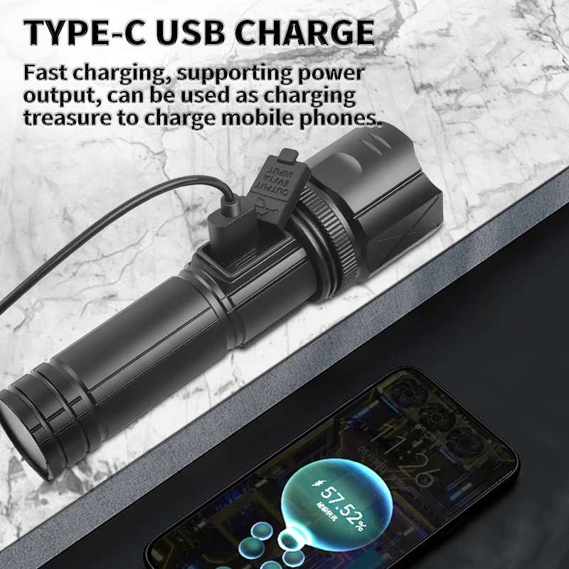 800m Super Bright Long Range Flashlight with 30W LED Type C USB Charging 5 Modes Zoomable Outdoor Emergency Torch