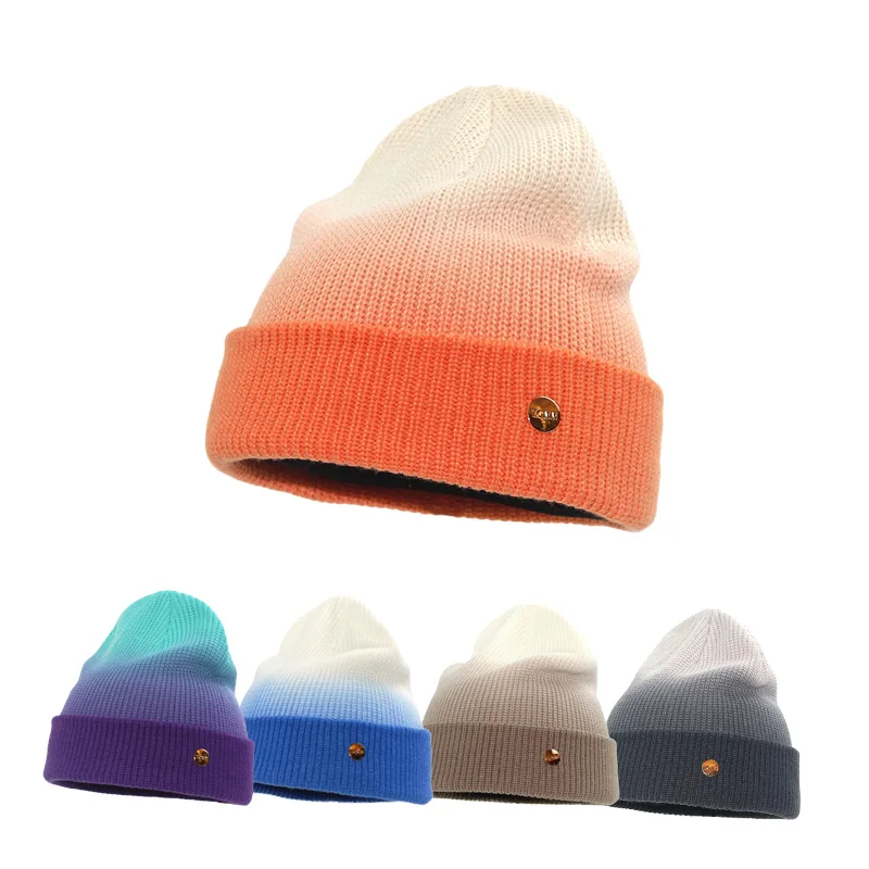 Hot Selling Fashion Custom Gradient Tie Dye Cuffed Winter Knitted Fisherman Beanie Hat for Women and Girls