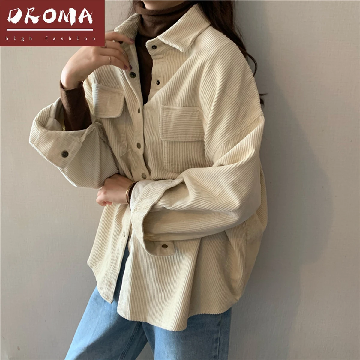 Droma Korean Style Retro Loose Corduroy Shirt Solid Color Bat Sleeve Thickened Female Jacket Coat