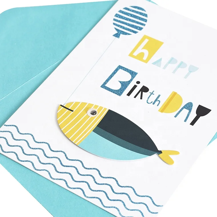 
New Design 3D Custom Handmade Shiny Glitter Cards, Lovely Fish Birthday Greeting Cards for Kids 