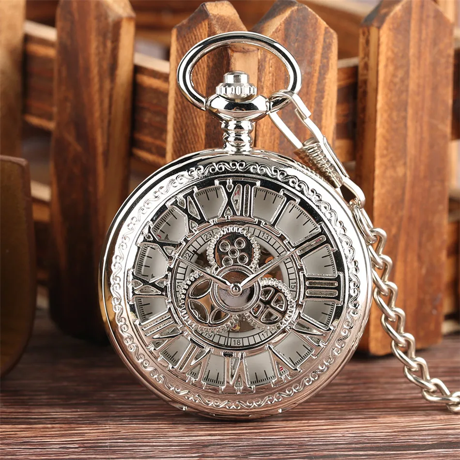 Black Gear Wheel Hollow Roman Numerals Pocket Watches Hunter Mechanical Pocket Watch Hand Winding Mechanical Pocket Watch