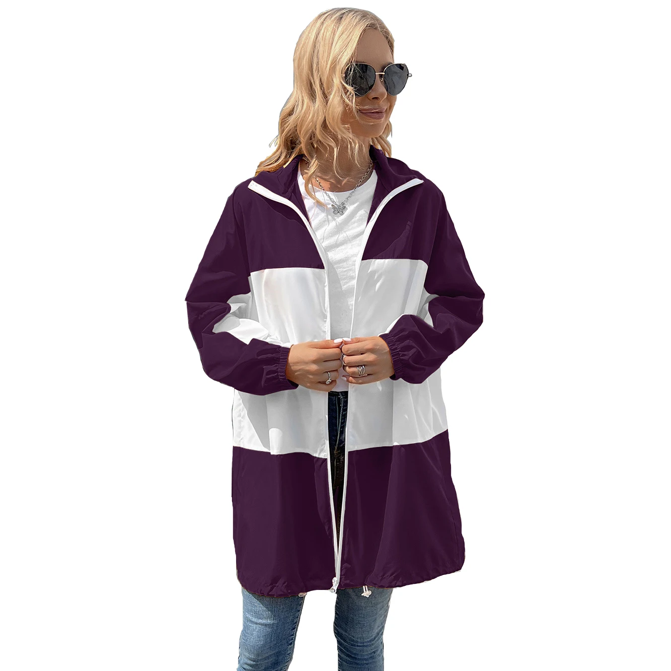 Hooded color-blocked waterproof garment outdoor sports hiking casual jacket women summer thin coat