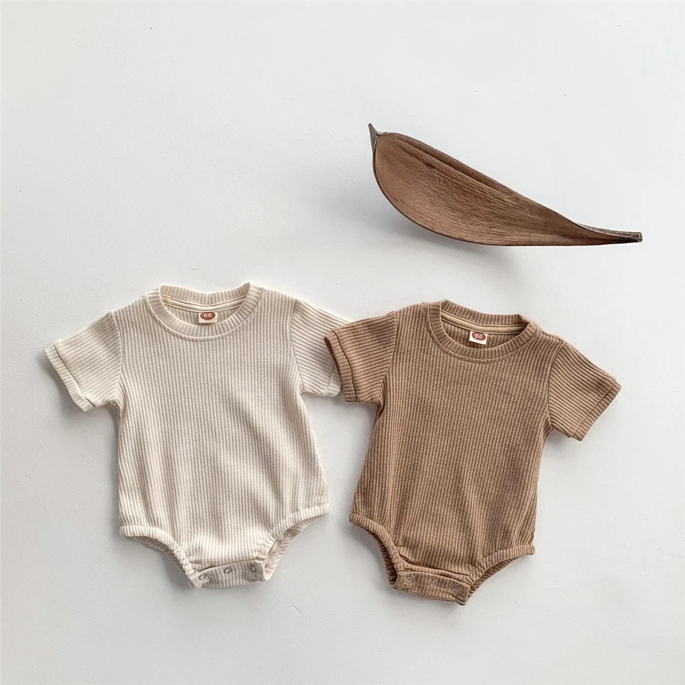 2022 Neutral Boho Baby Clothes Solid Color Plain Newborn Infant Onesie Short Sleeve Waffle Ribbed Cotton Baby Boy Girls Romper