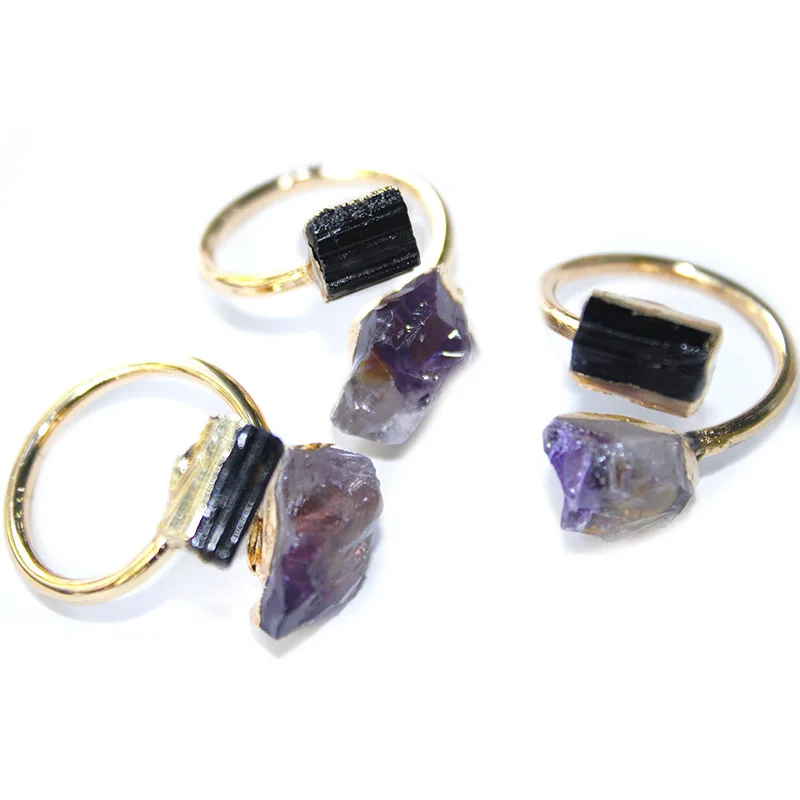 Wholesale Natural Stone Gold-plated Ring Irregular Tourmaline Crystal Ring Amethyst Jewelry
