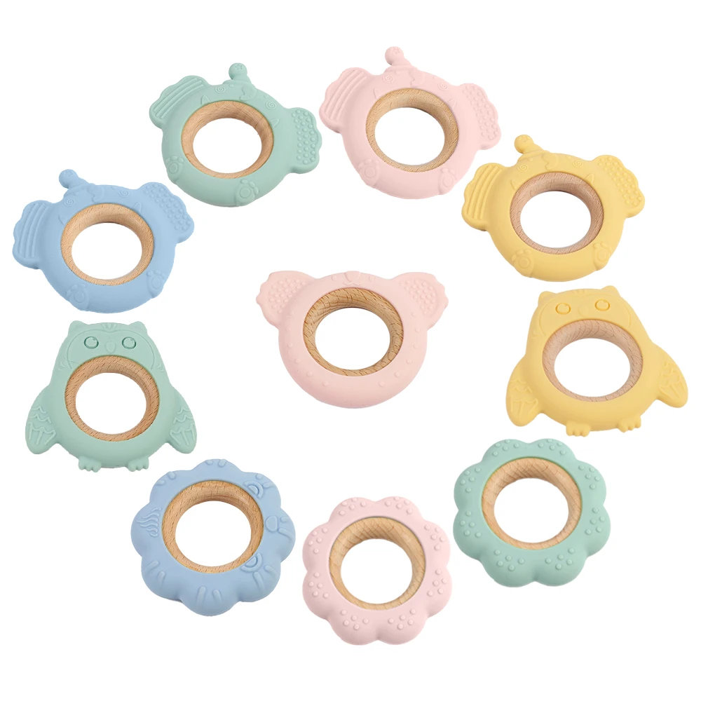 2024 New BPA Free Colorful Animal Shape Baby Chew Toy Teether Wooden Silicone Teething Ring Toys Baby Teether