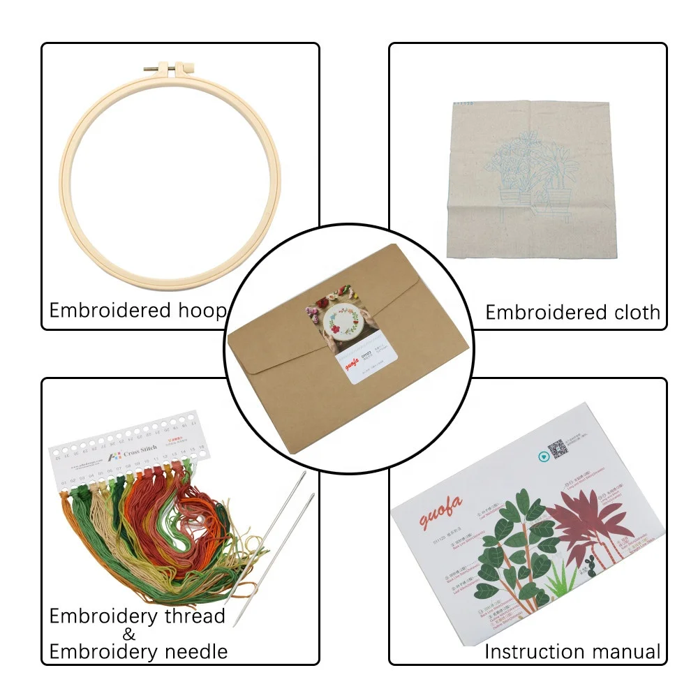 
Hot Design DIY Handmade Embroidery Kit With Green Plant Flowers Pattern Printed Embroidery Cloth Threads Tools Kit 