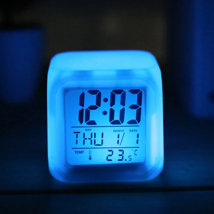 7 Colour LED Color Change Digital Table Alarm Clock Thermometer Date Time Night Light