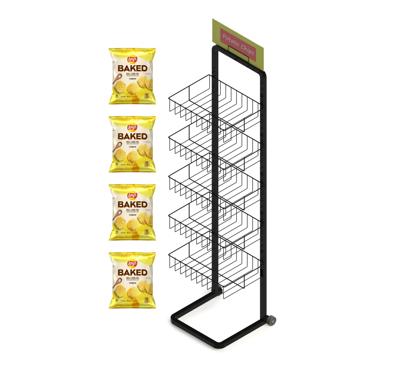 Snacks shop wire potato chips promotion 5 shelves display rack for convenience store,wire rack display,metal pop stand display