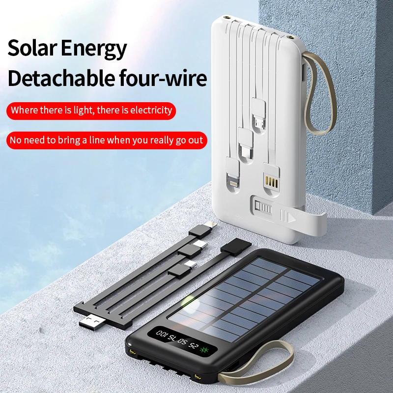 Hot Sale Solar Power Bank 10000mAh Power Banks energy with LED light Portable Powerbank Built in 3 Cables
