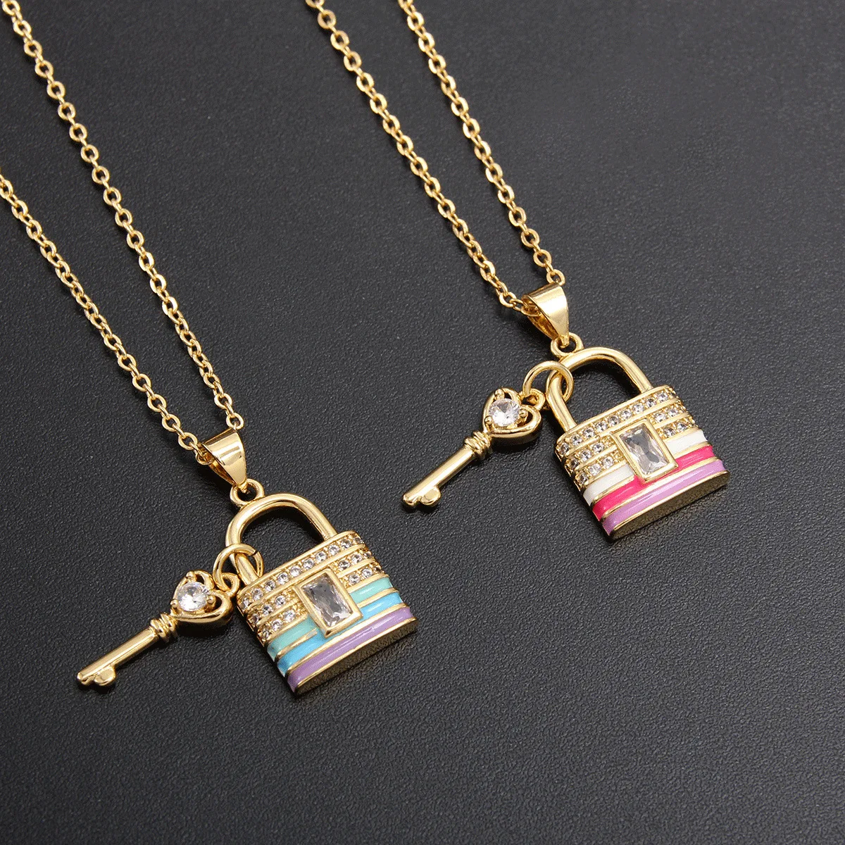 New Fashion Unisex Pendant Necklace Key Lock Diamond Zircon Copper Brass Link Chain Bamboo Style Party Religious Trendy