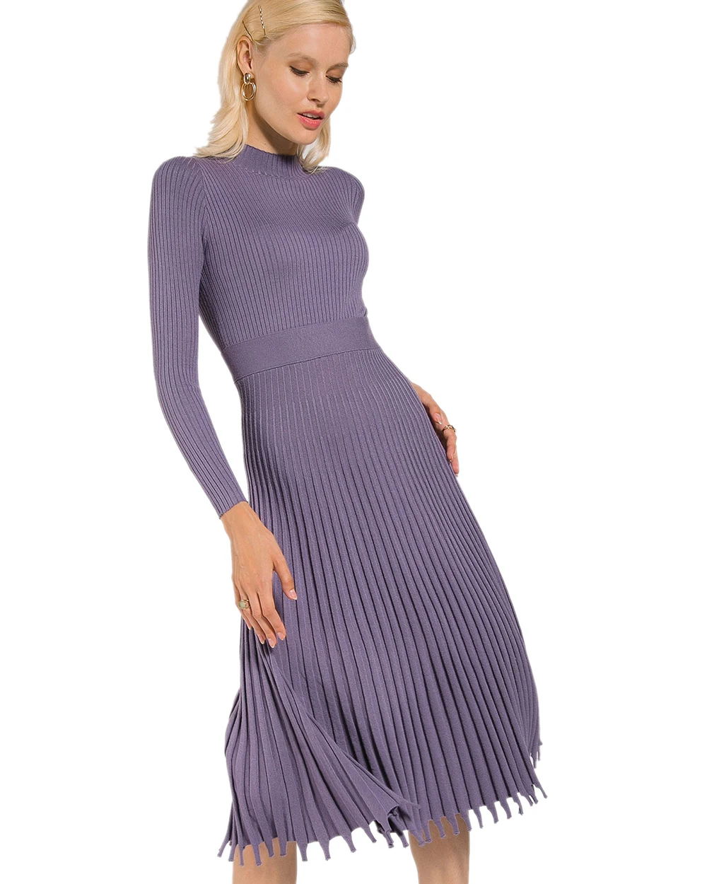 TOP Grade Solid Long Sleeve Midi Sweater Dress Well-Knitted Pleated Long Dress for Women