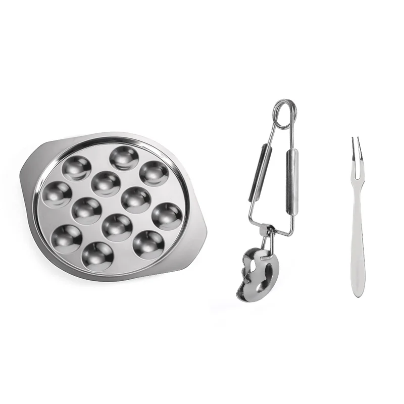 Stainless Steel Snail Plate Mushroom Dishes with Escargot Tongs and Forks Seafood Tools  French Snail Serving Tools Set