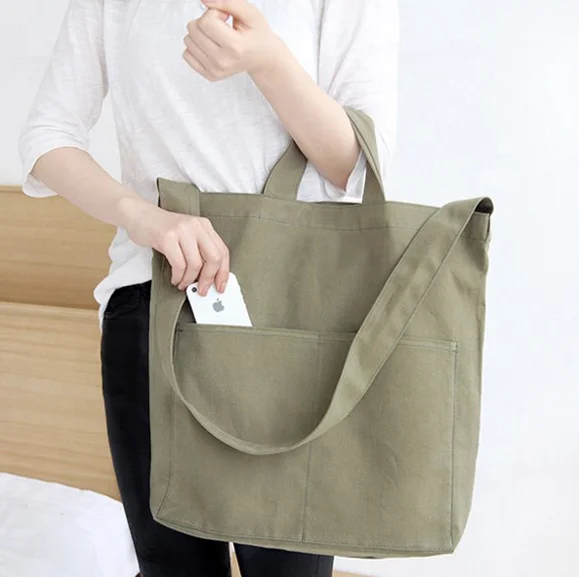 
Cotton Tote Canvas Bag with Pocket Custom Logo Printed Large Capacity Eco Friendly Natural Customized Bags 