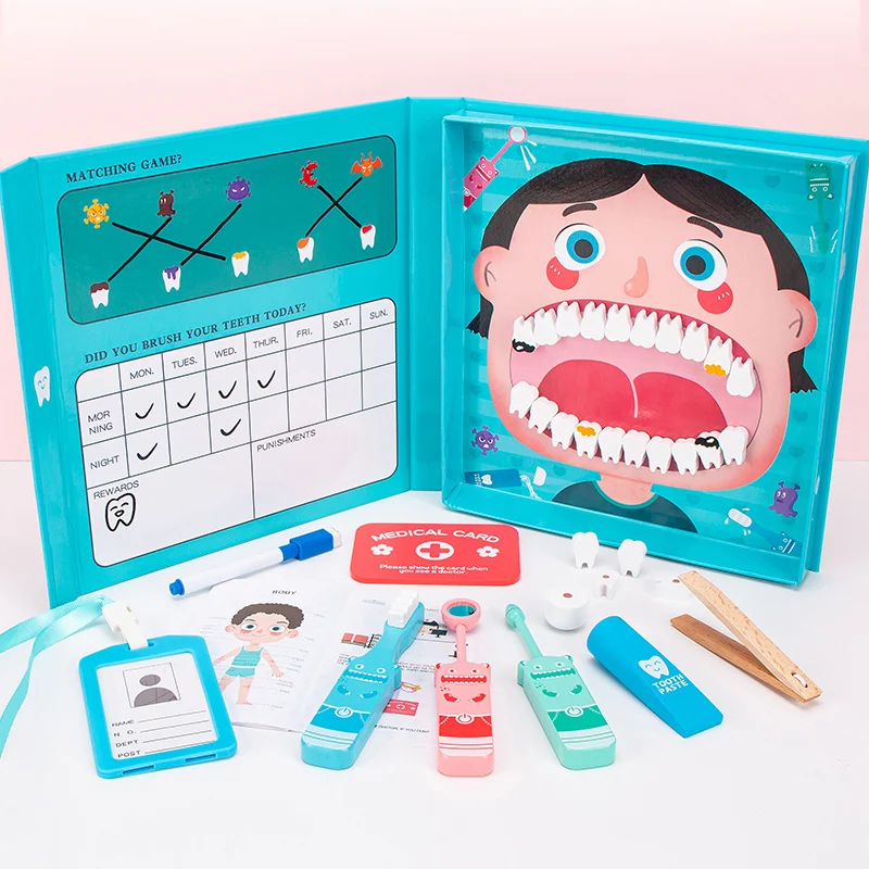 High Quality Cartoon Kids Dentist Kit Toy Wooden Simulation Kids Role Play Educational Toys