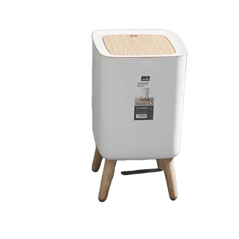 Factory Direct Sale Trash Bucket Wooden Feet Heighten Bottom Garbage Can 10L Capacity Plastic Trash Barrel