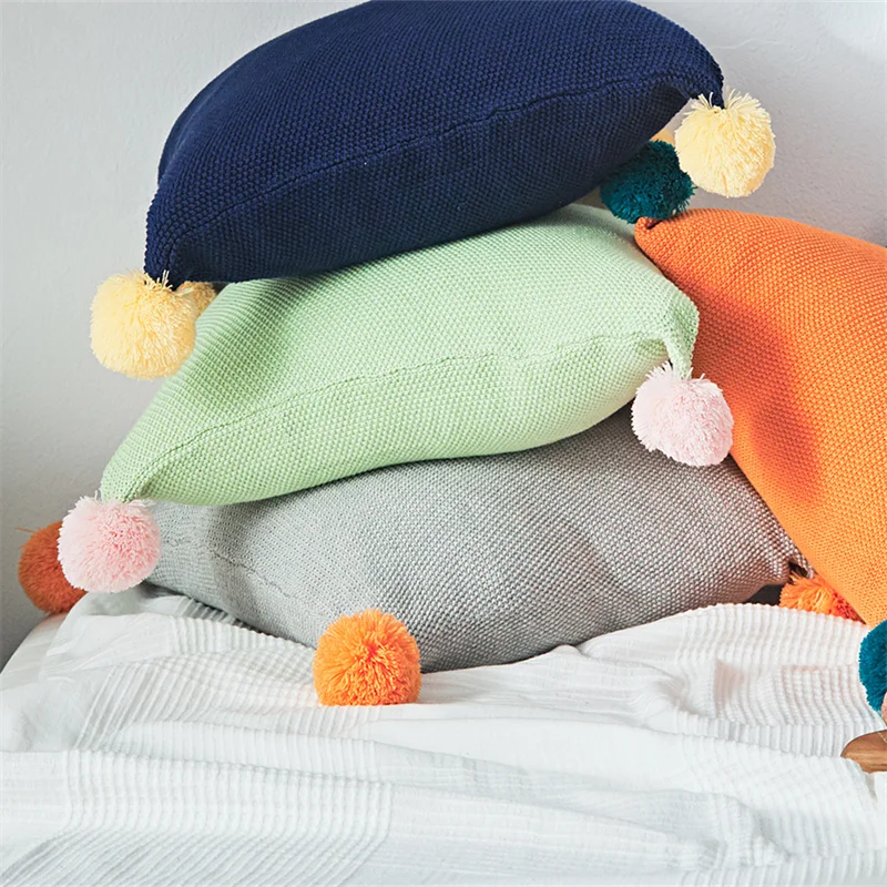 YIRUIO YW Soft Pompom Decorative 100% Cotton Knitted Crochet Pillowcase Cushion Cover Sofa Bed Solid