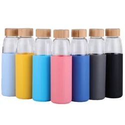 Mikenda Portable New silicone cover single glass outdoor large capacity juice glass water bottle with wooden lid