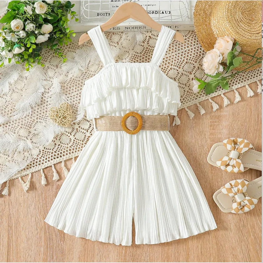 Casual Girls Jumpsuit Suit for Spring and Summer Breathable Lotus Leaf Pleated Print Small Size
