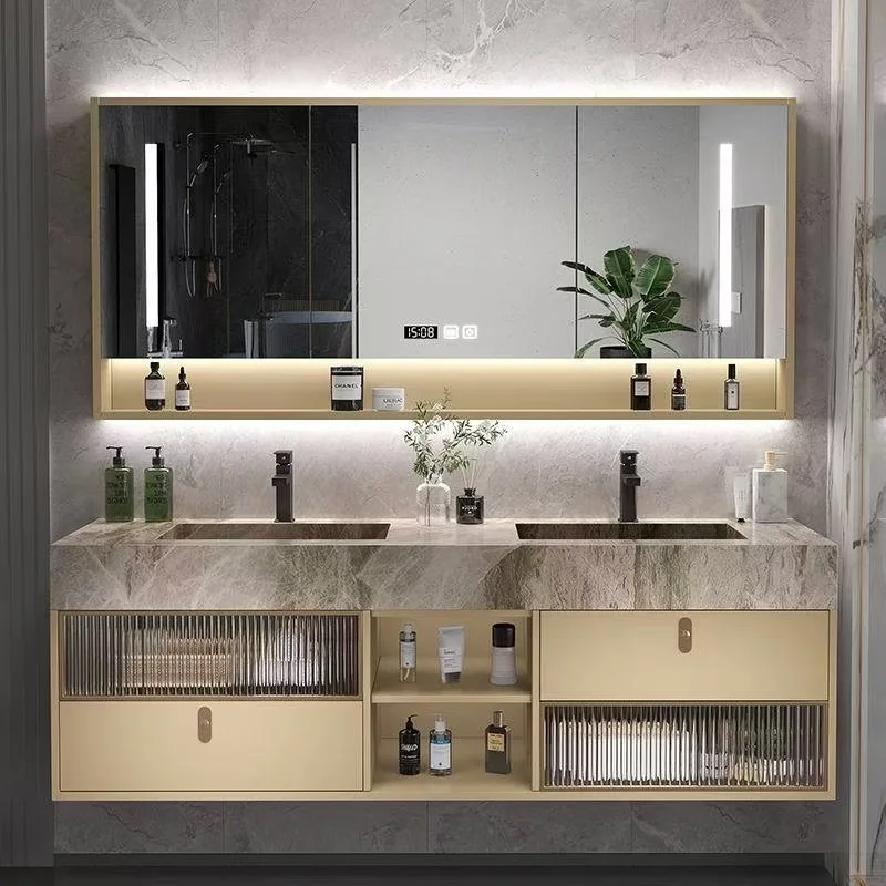 Luxury Double Sink Basin Bathroom Vanity Cabinet Wall Mounted with Mirror and Shelf Ceramic Bathroom Vanities