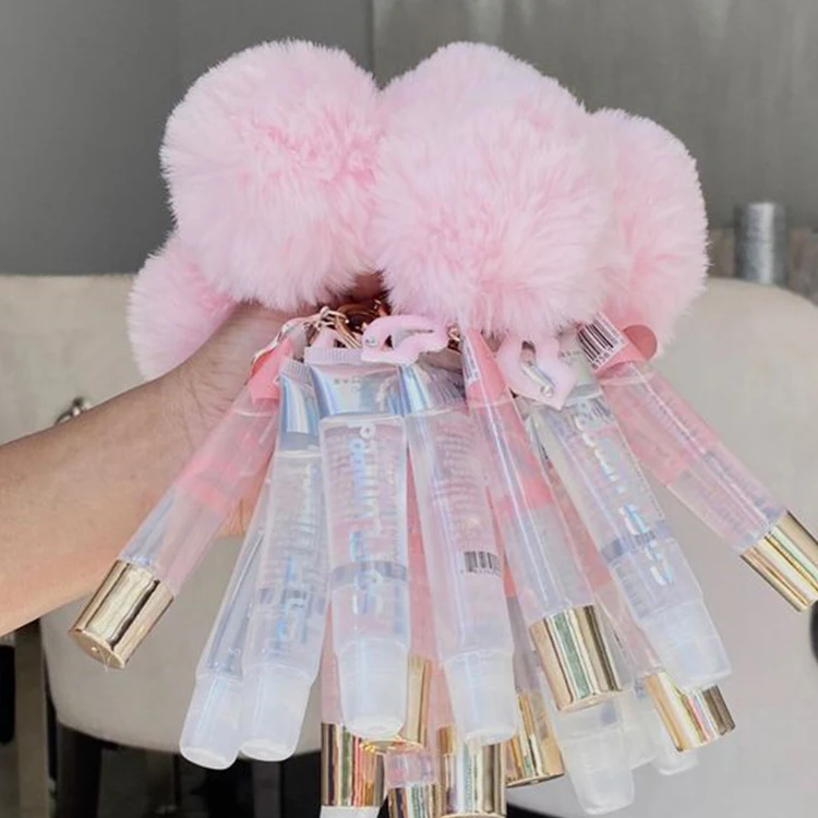 Private Label 2021Clear Kids Custom Your Logo Luxury Non Sticky Vegan Pink Key Chain Keychain Lip Gloss