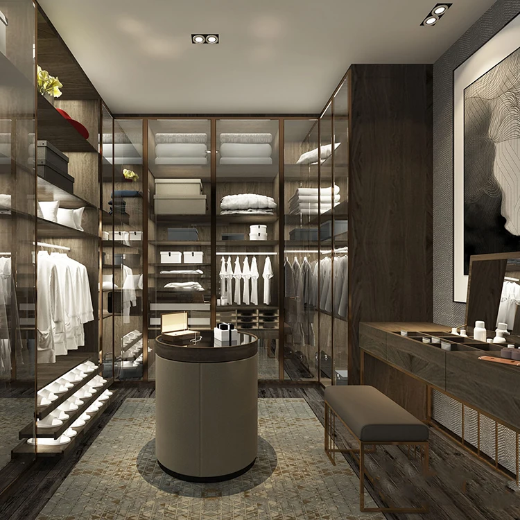 Foshan factory customization modern portable glass door wooden bedroom wardrobe closet walk in closet wardrobe