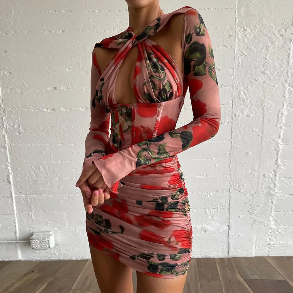 2022 New Slim Sexy Sundress Elegant Casual Dresses Mesh Hollow Print Long Sleeve Hip Fishbone Dress