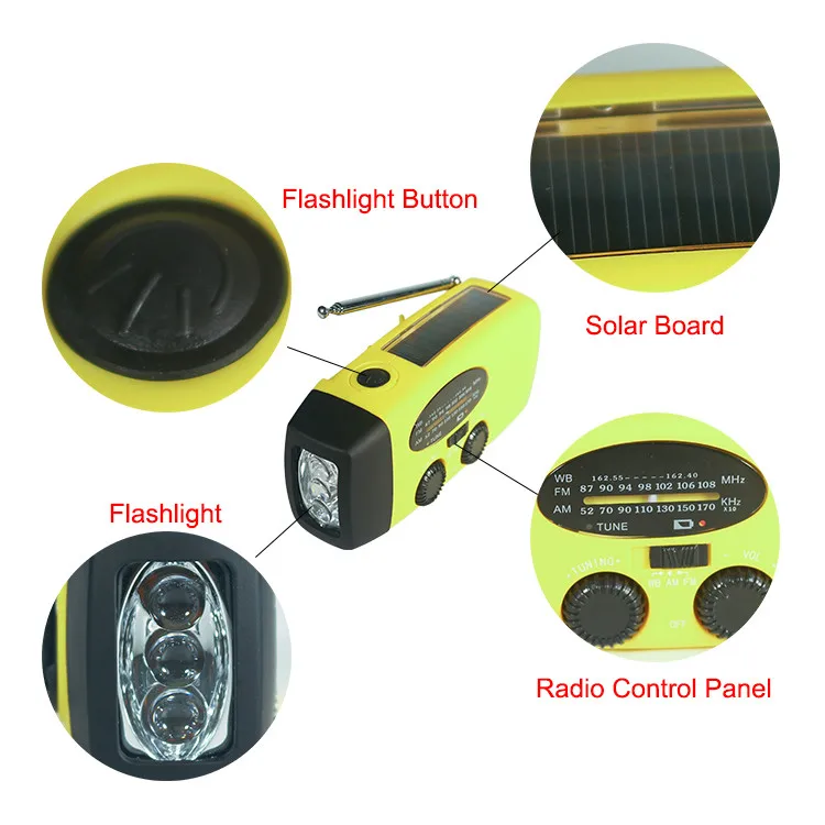 Portable LED Flashlight Hand Crank Solar Power Emergency Weather FM/AM/WB Radio for Hiking and Camping