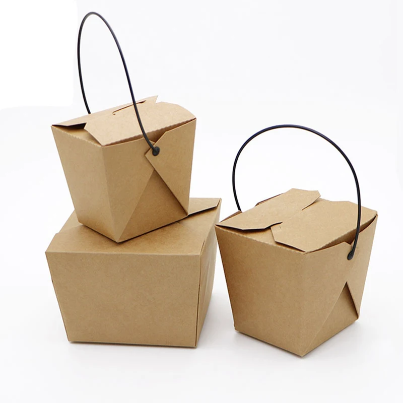 Customized Logo Disposable 16/26/32 oz Kraft Paper Salad Rice Noodle Boxes Take Away Food Grade With Handle Cardboard Material