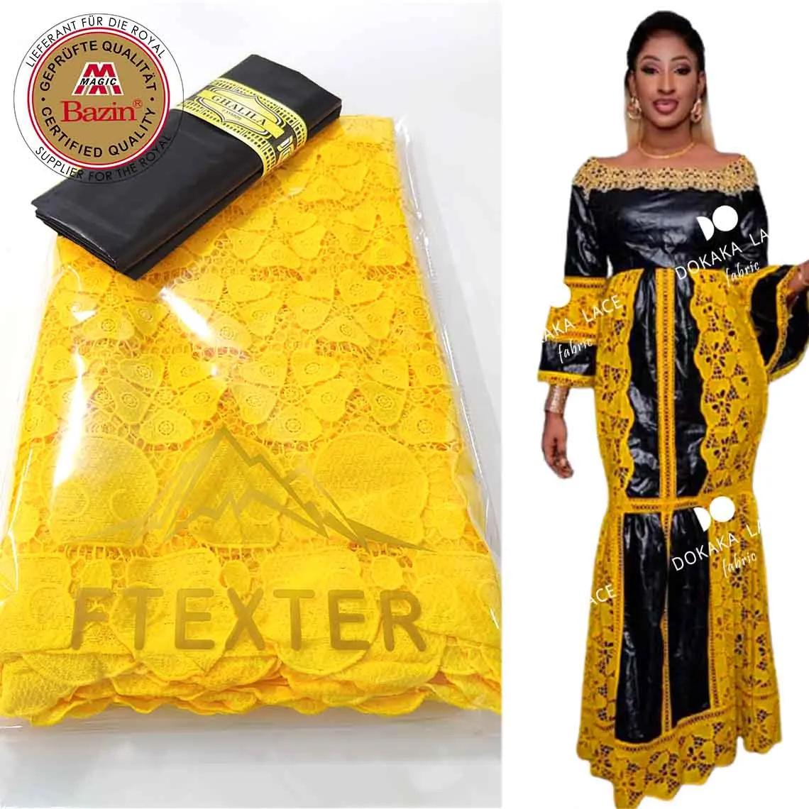 Yellow And Black 100% Egyptian Cotton Lace Top Class Swiss Voile Fabric Guinea Dry Lace For Women Bazin Riche Lace Fabrics