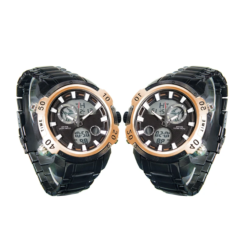 Casual Sports Watch LED Digital Waterproof Quartz Watch Dual Clock Stainless Steel Watch for men