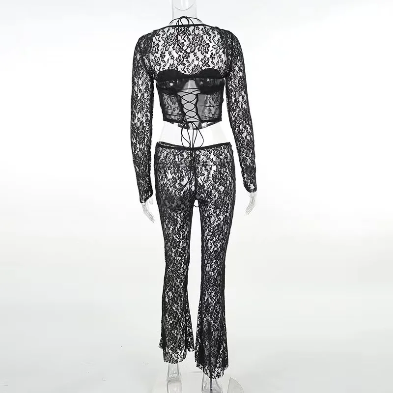 PDEP 2023 spring and  autumn Neck Lace Long Sleeve Mesh Top High Waist Sexy Micro-transparent Straight Pants 2 piece set women