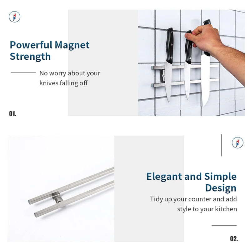 Strong Magnet Power 304 Square Tube Stainless Steel Knife Bar Kitchen Magnetic Knife Holder / Strip / Bar